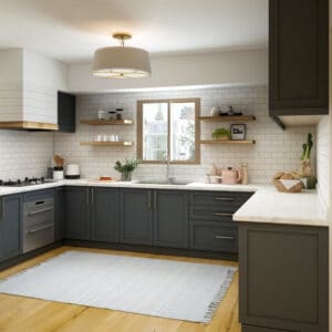 Eine Küche mit grauen Fronten und einem Teppich in der Mitte