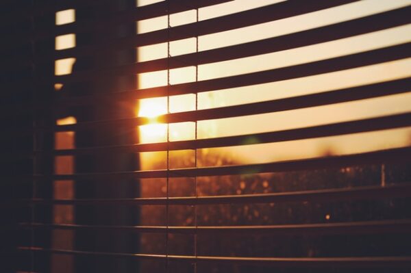 Jalousien und Plissees sind besonders flexibel einstellbar Eine Jalousie durch die Sonne scheint