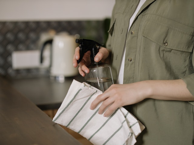 Person hält Sprühflasche und Küchenhandtuch in den Händen