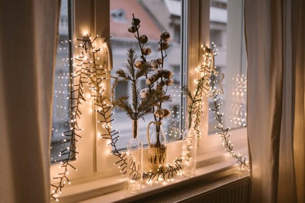 Kleine Lichterketten mit großem Effekt Eine Fensterbank ist mit einer Pflanze und Lichterkette geschmückt