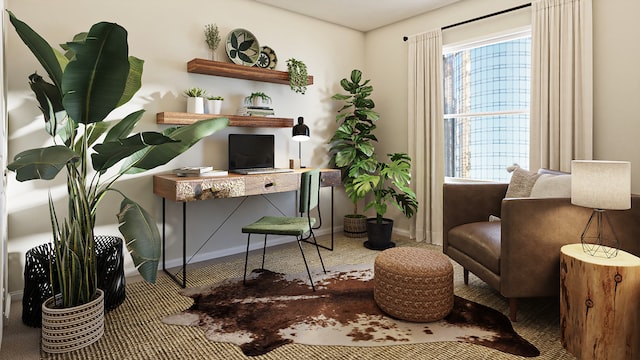 Ein gemütlich eingerichtetes Home-Office mit vielen Pflanzen und einem Teppich