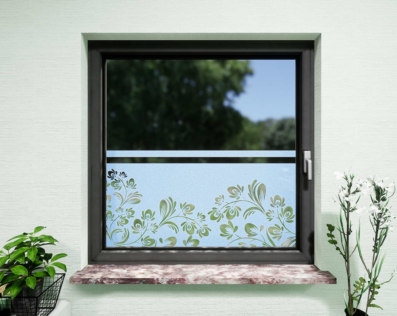 Glasdekor Ornamente Blumen pastell blau matt