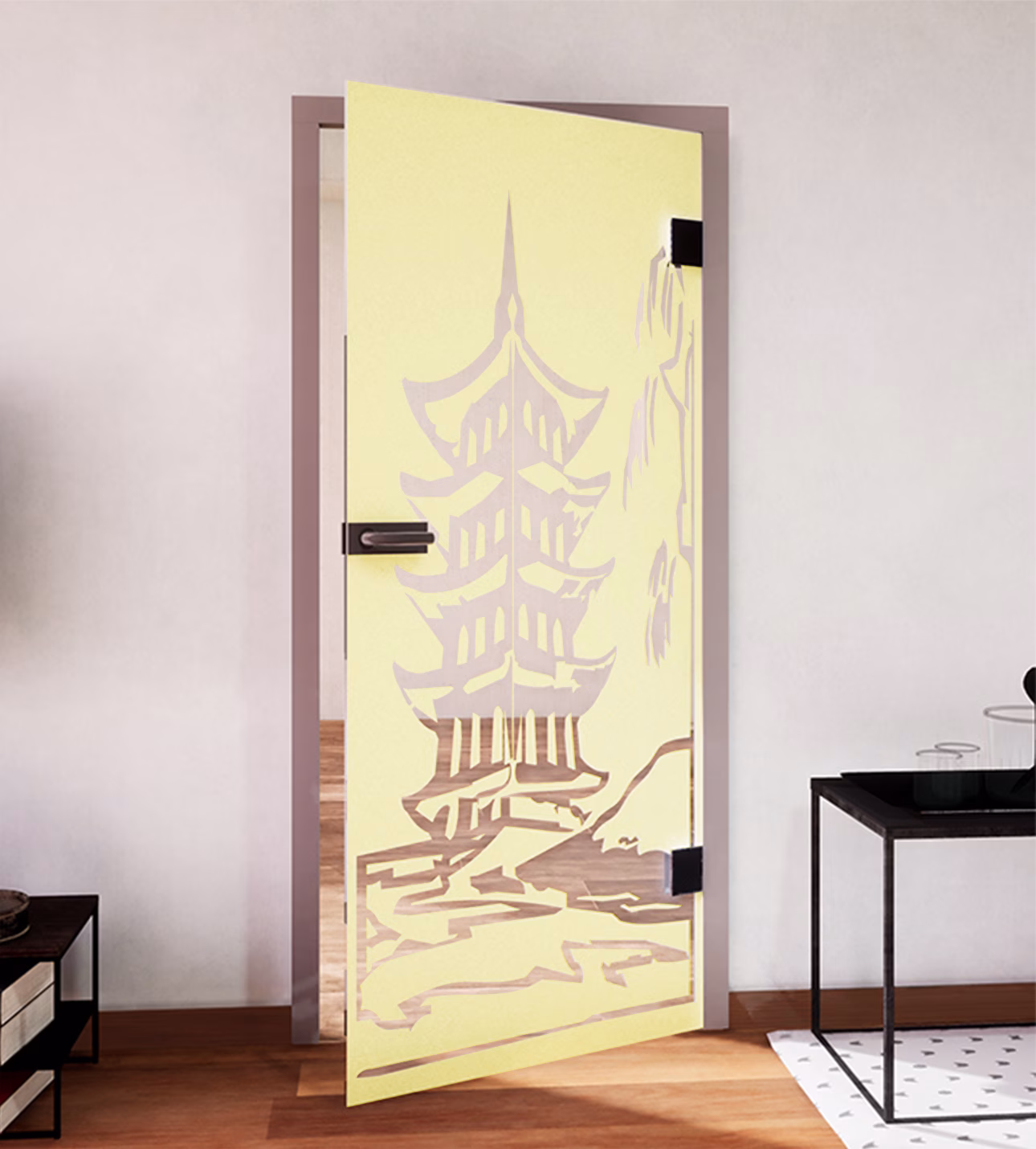 Glasdekor Pagode pastell gelb matt