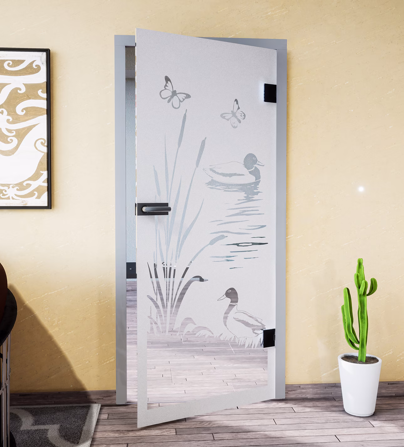 Glasdekor Teichlandschaft weiß matt