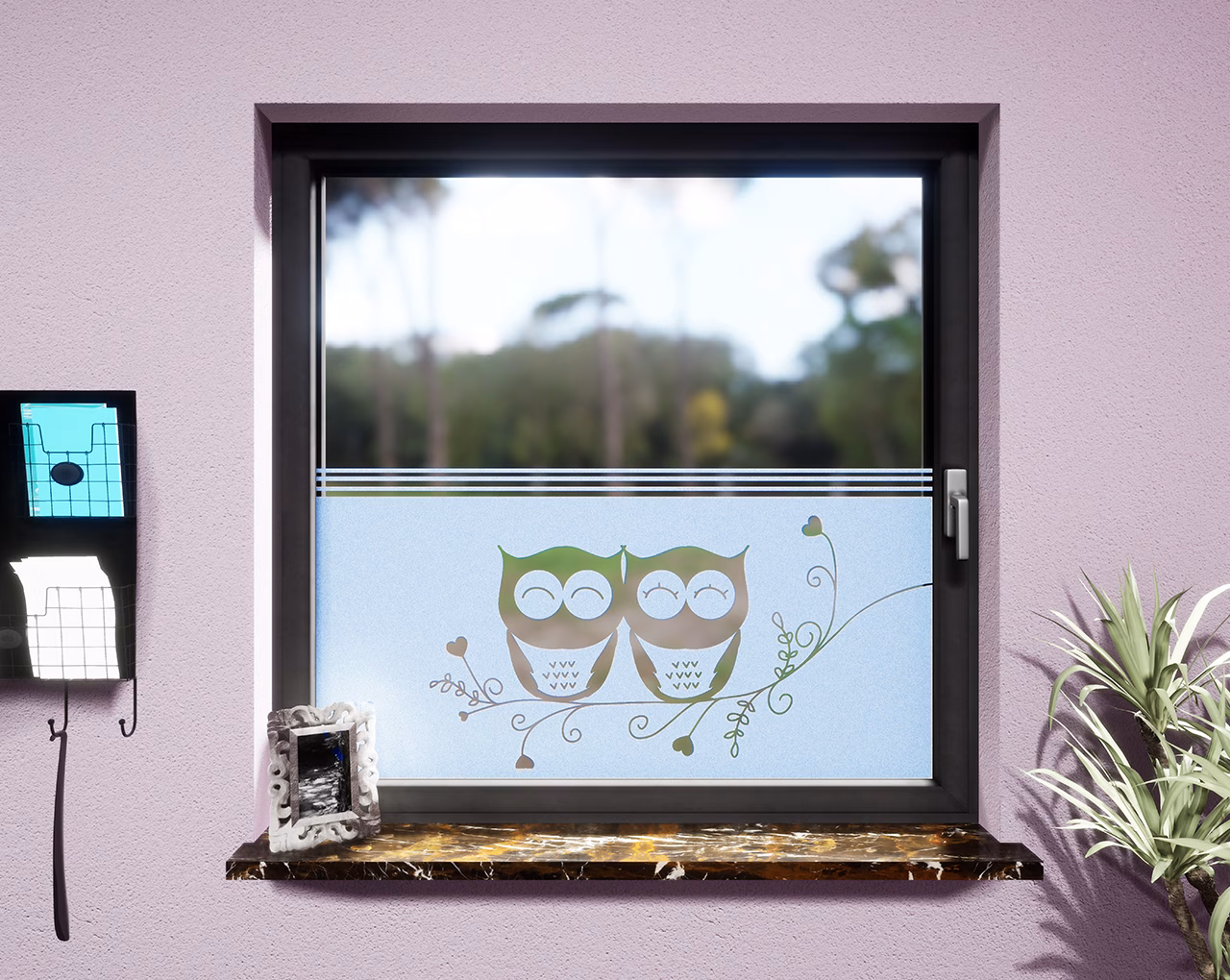 Glasdekor Eulenpaar pastell blau matt