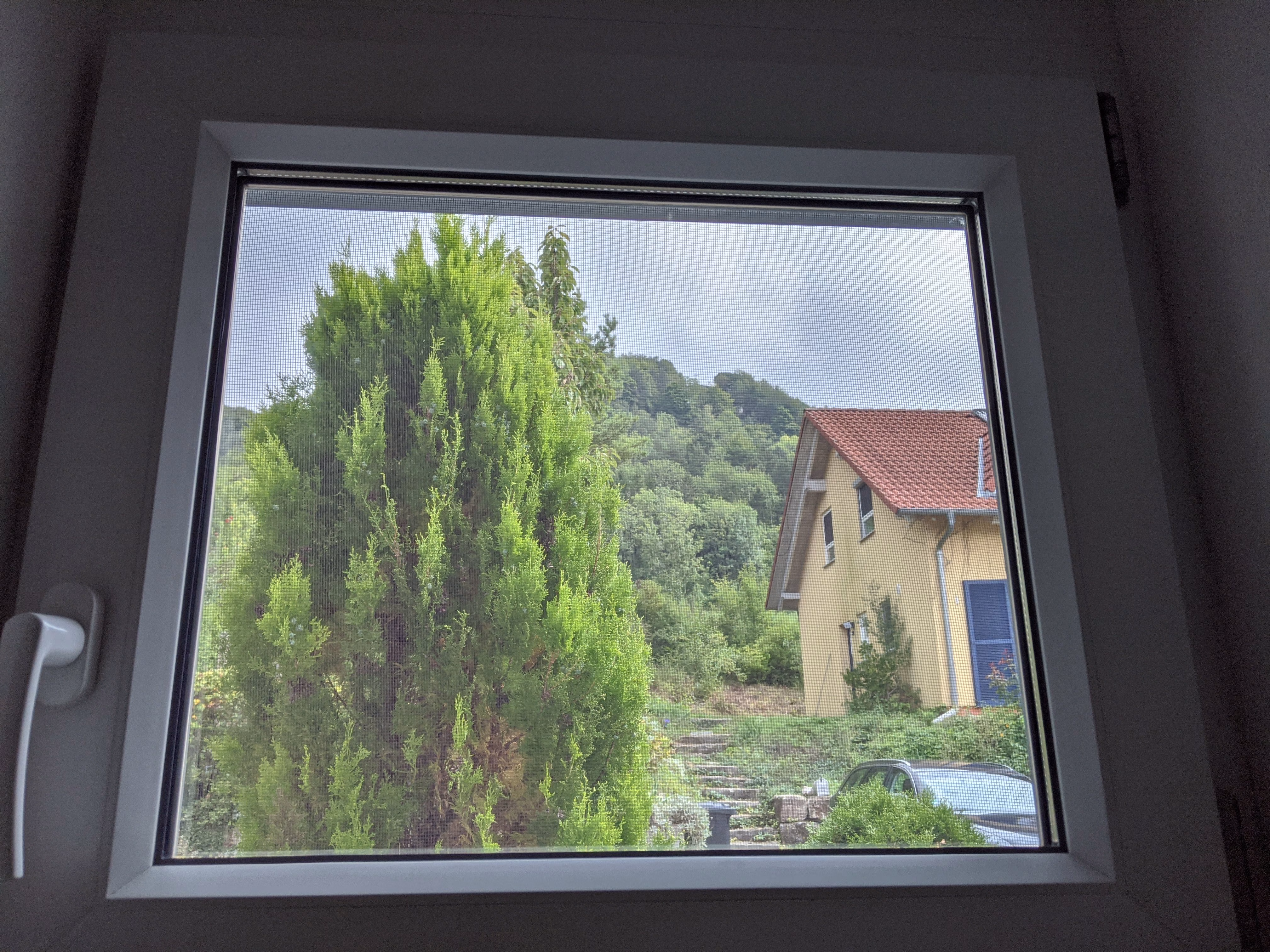 Sonnenschutzfolie auf einem Fenster, mit dahinter liegendem Fliegengitter - Innenansicht