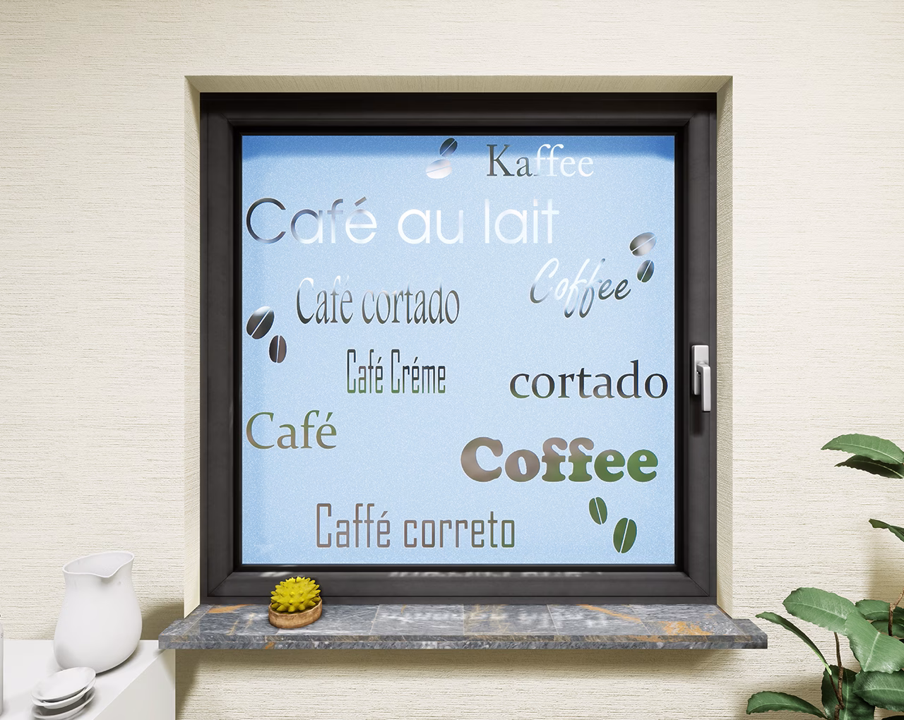 Glasdekor Schriftzug Kaffee pastell blau matt