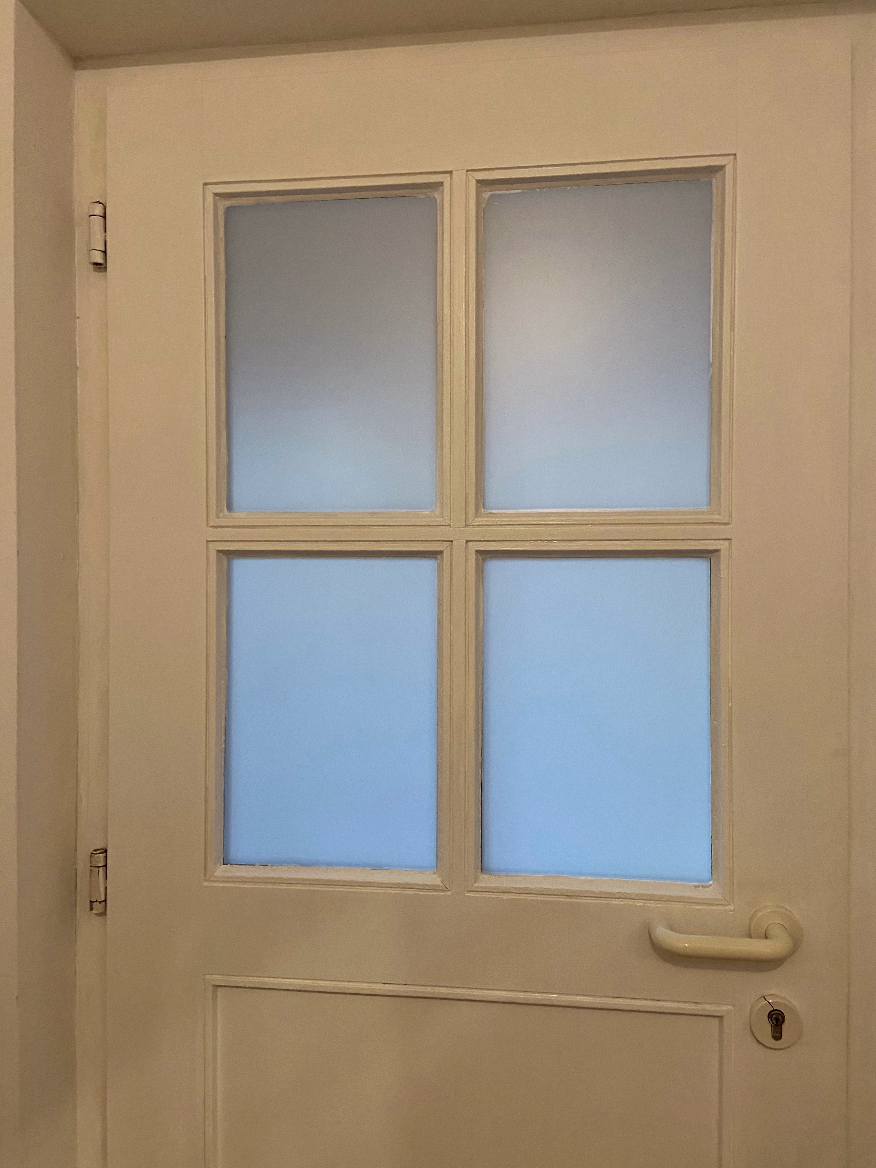 Milchglasfolie aus dem Sprossenfenster einer Haustür angebracht