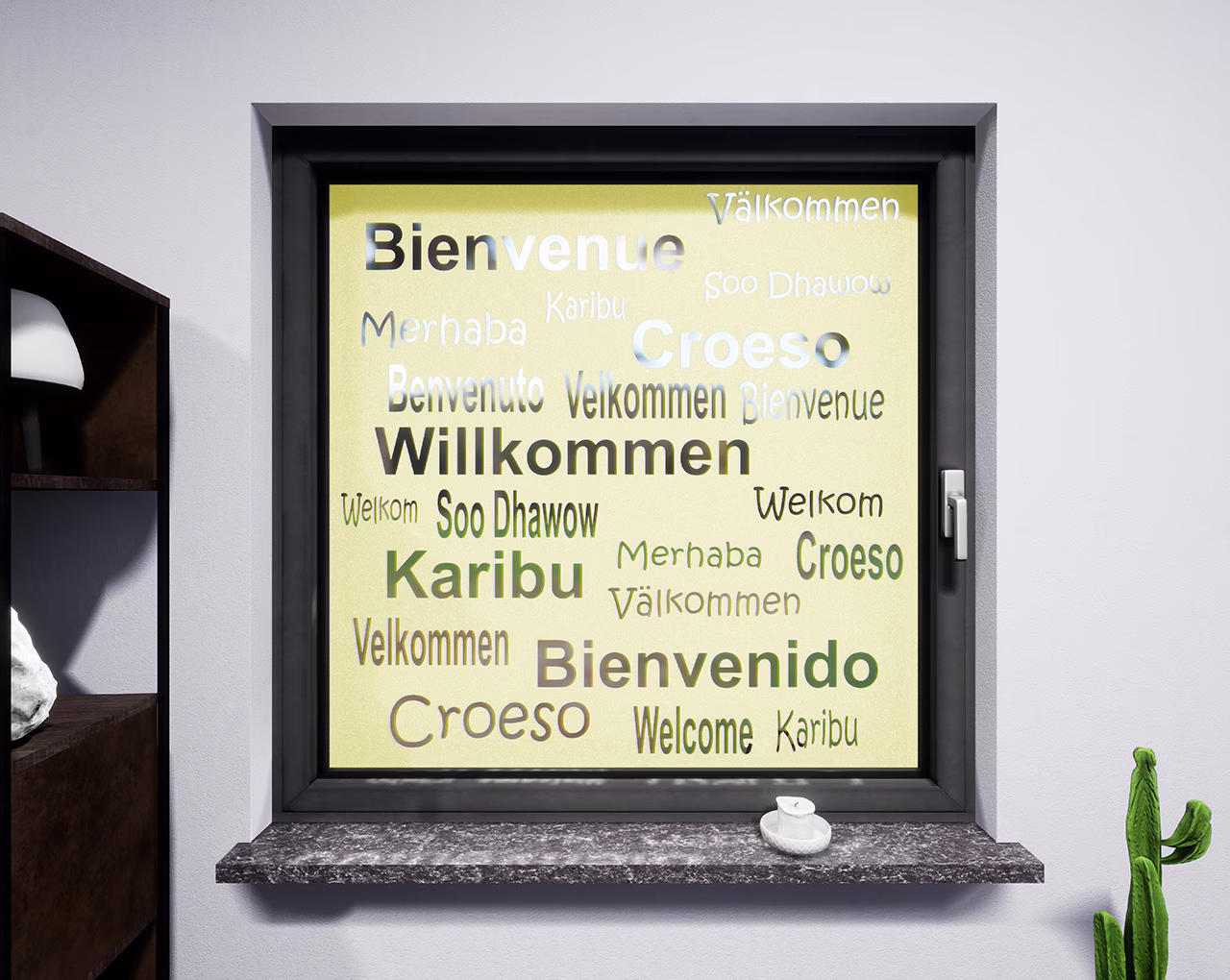 Glasdekor Schriftzug Willkommen pastell gelb matt