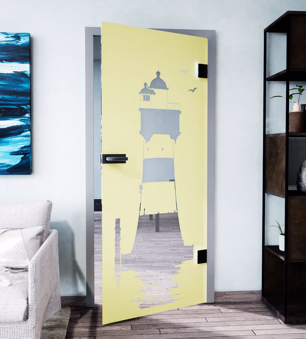 Glasdekor Nordseeleuchtturm pastell gelb matt