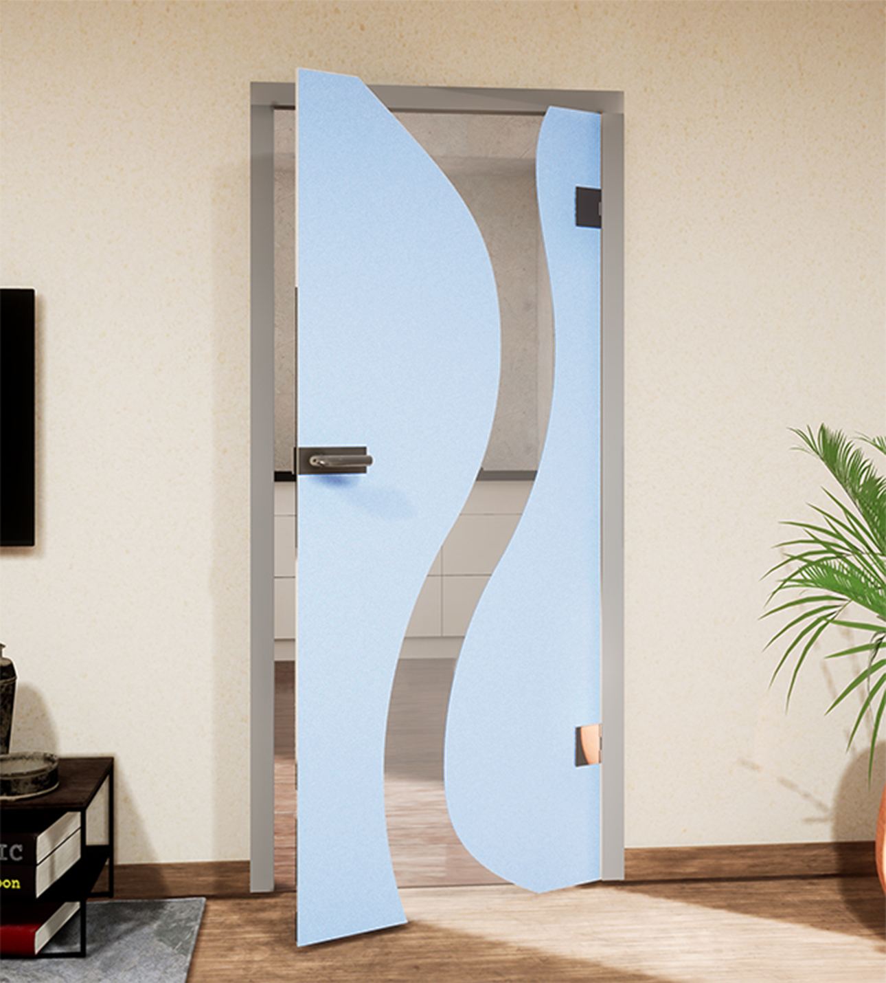 Glasdekor Fluss pastell blau matt