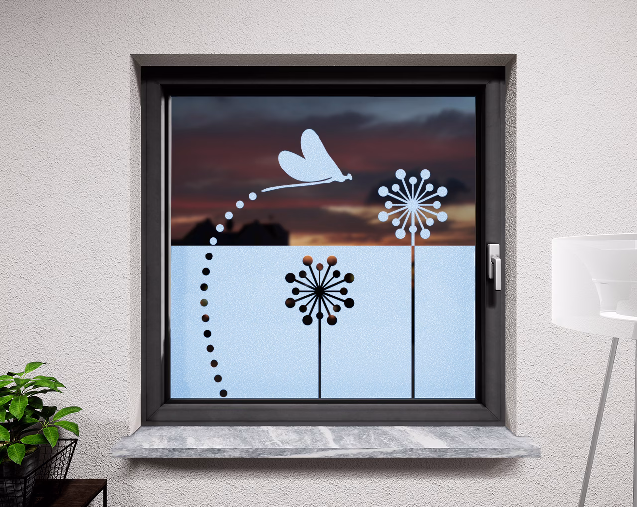 Glasdekor Pusteblume modern pastell blau matt
