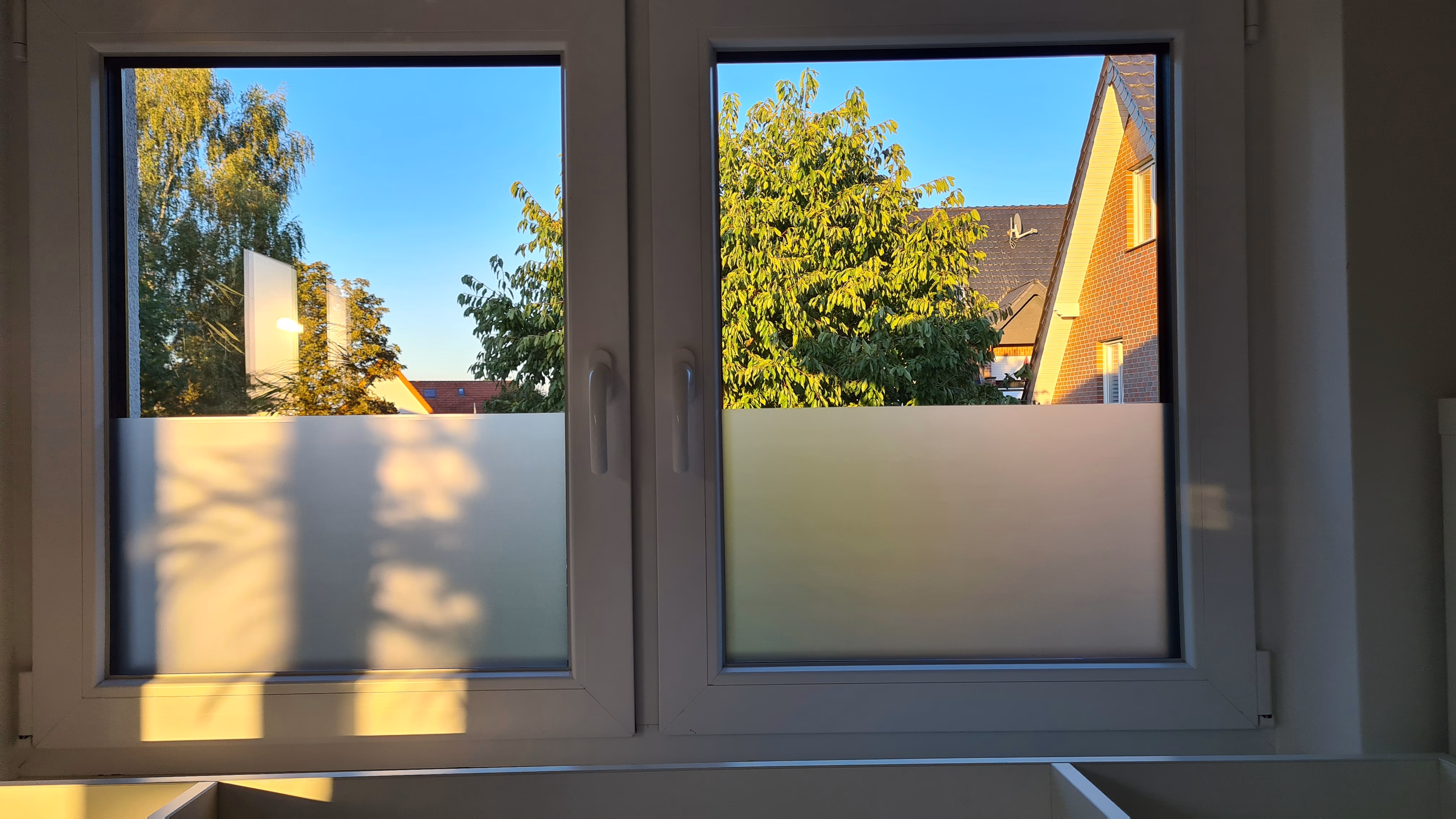 Selbsthaftende Sichtschutzfolie an Fenstern angebracht