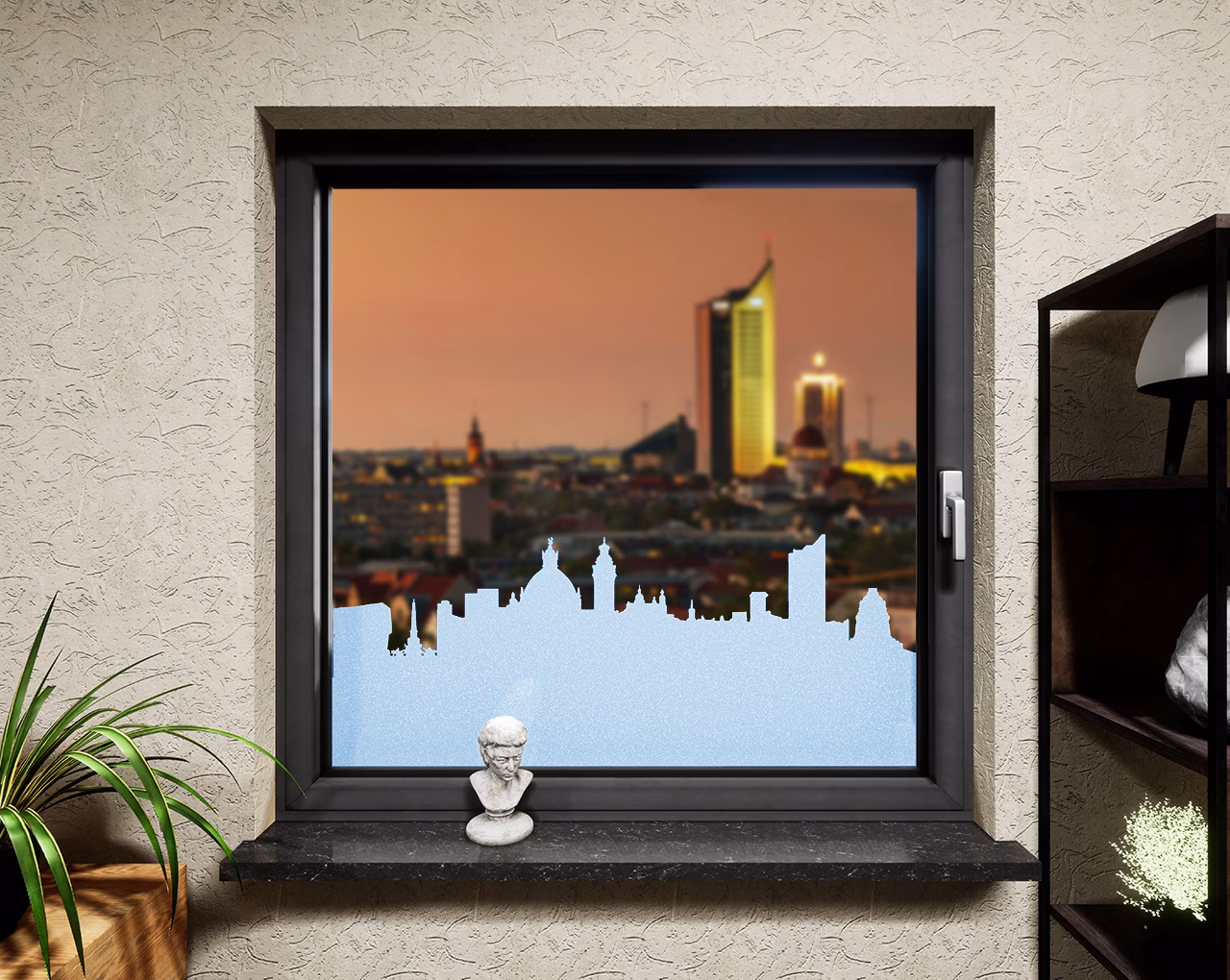 Glasdekor Skyline Leipzig pastell blau matt