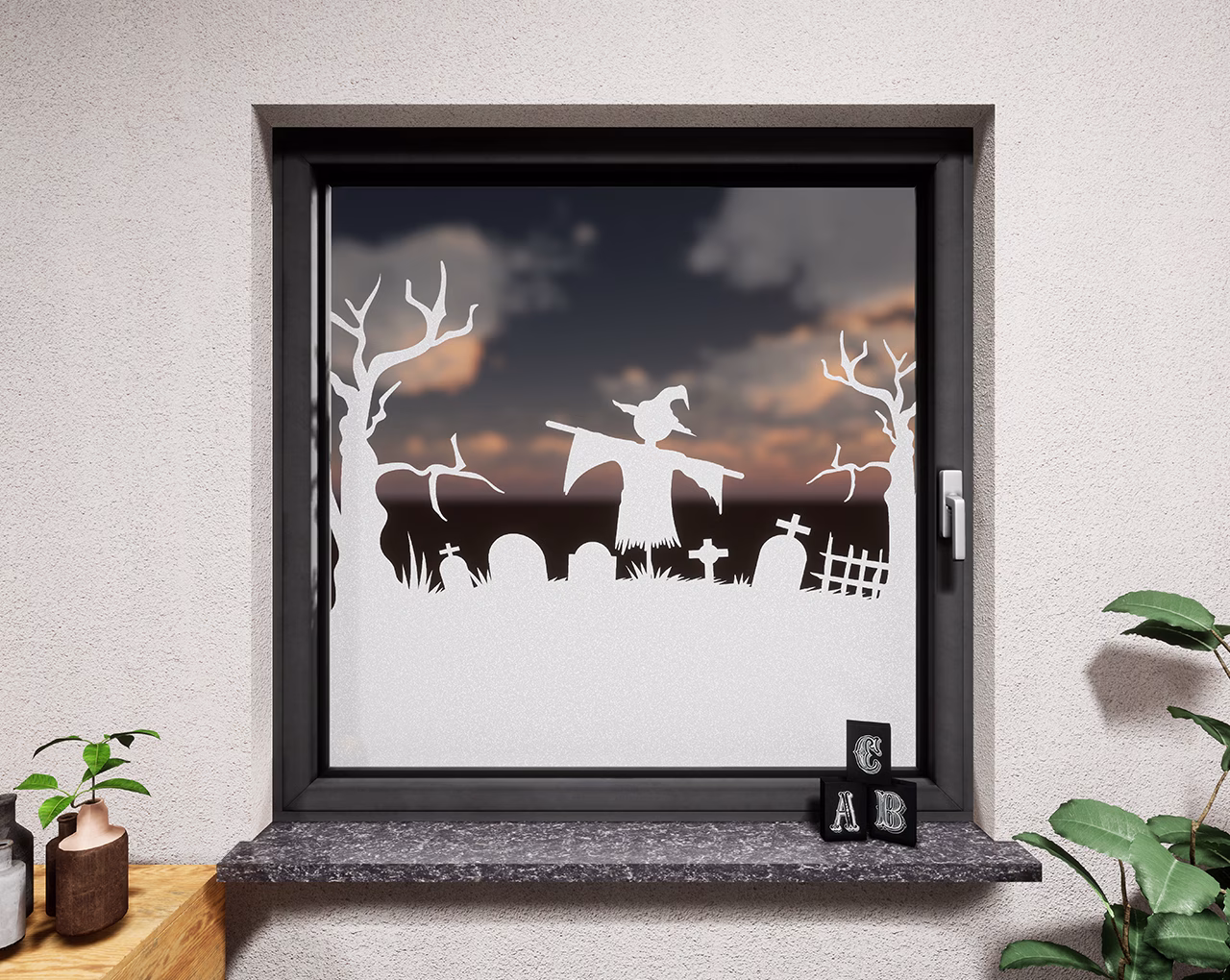 Glasdekor Vogelscheuche weiß matt