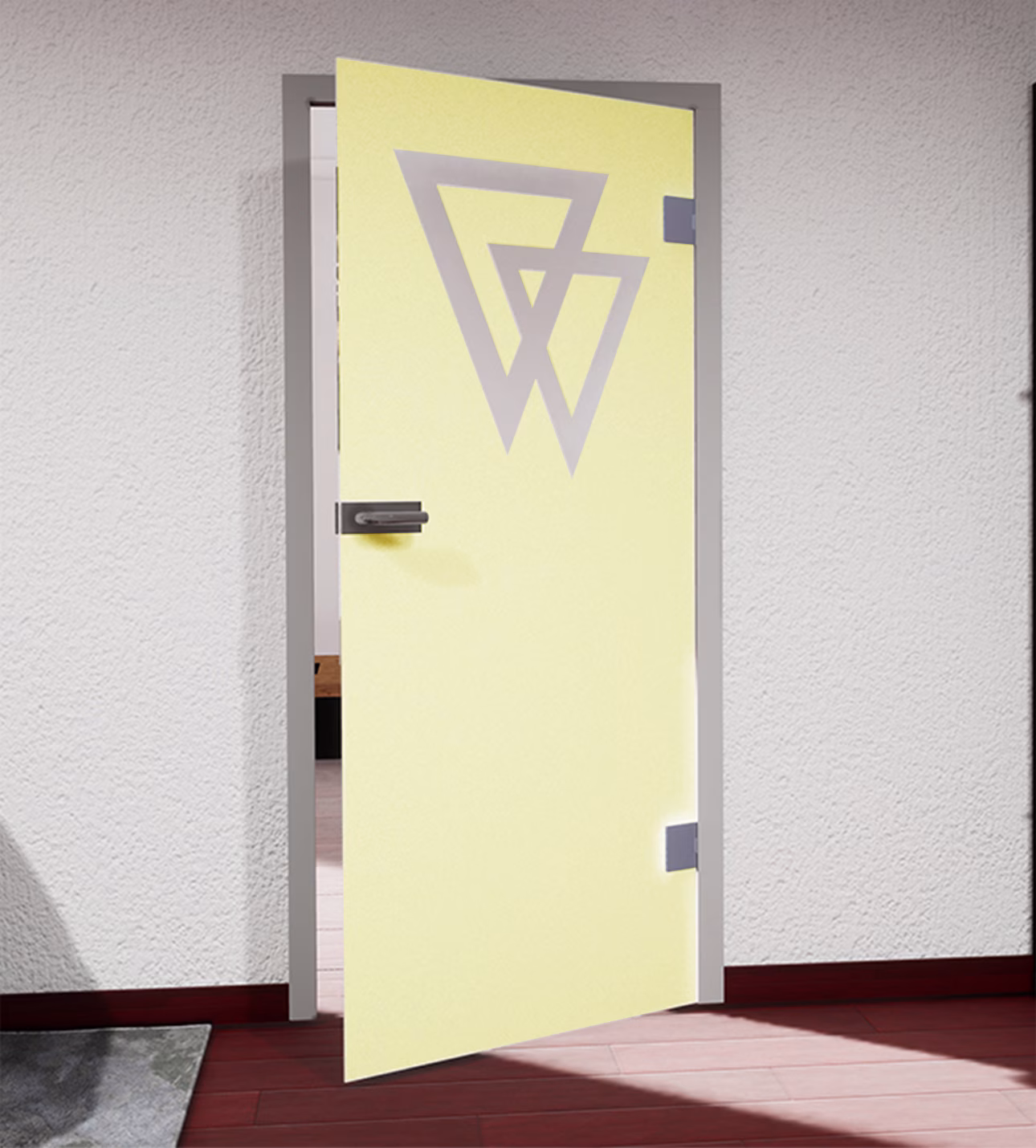 Glasdekor überlappende Dreiecke pastell gelb matt