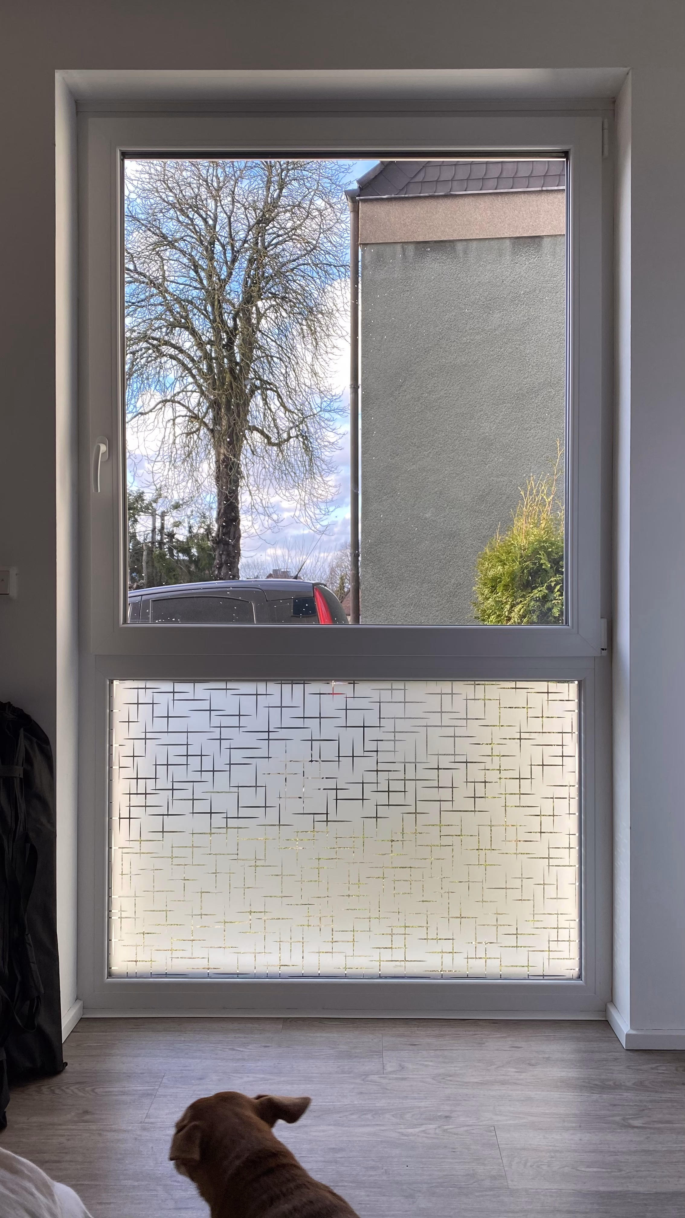 Dekorfolie Keuzdesign aufgebracht auf einem feststehenden Fenster