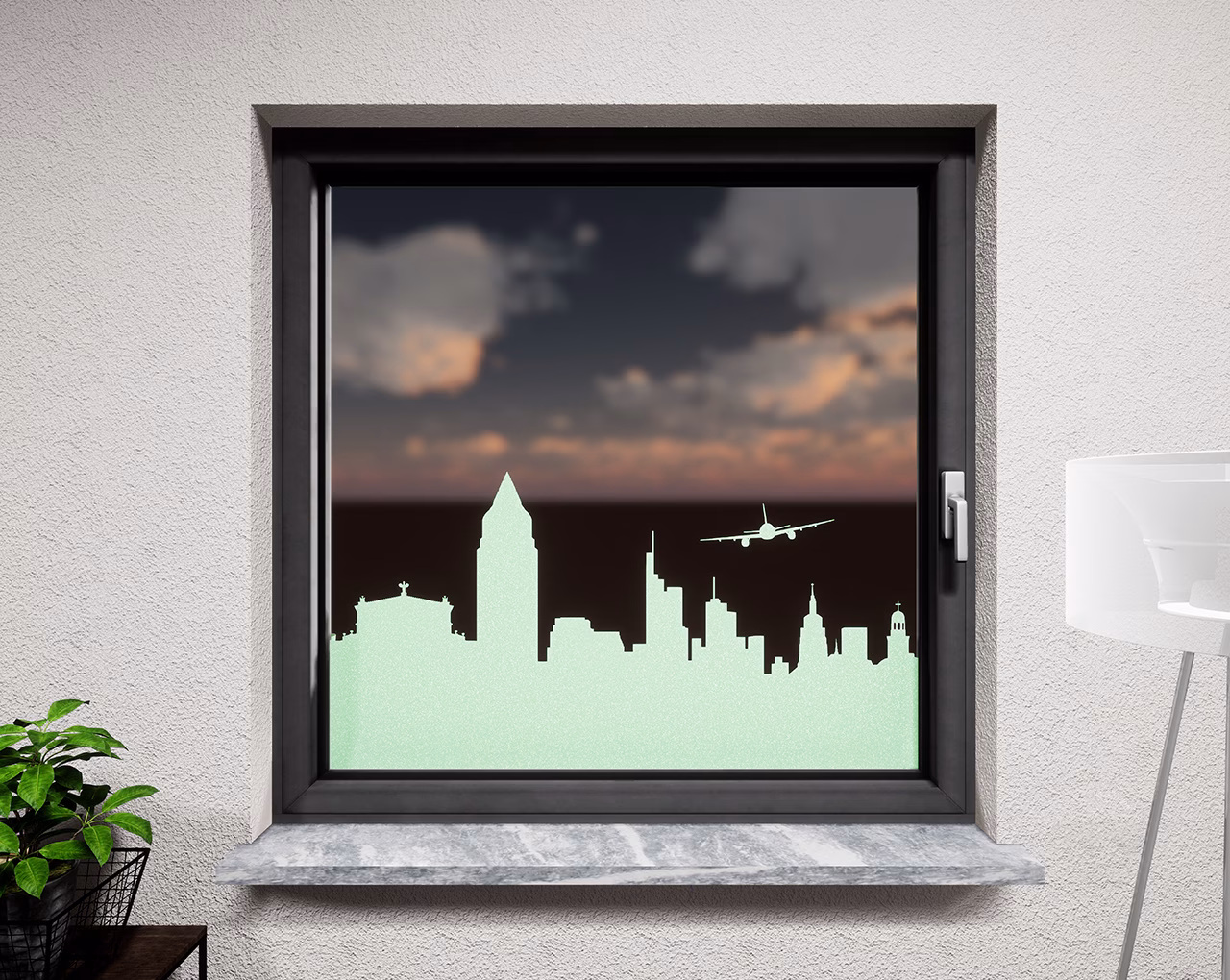 Glasdekor Skyline Frankfurt pastell grün matt