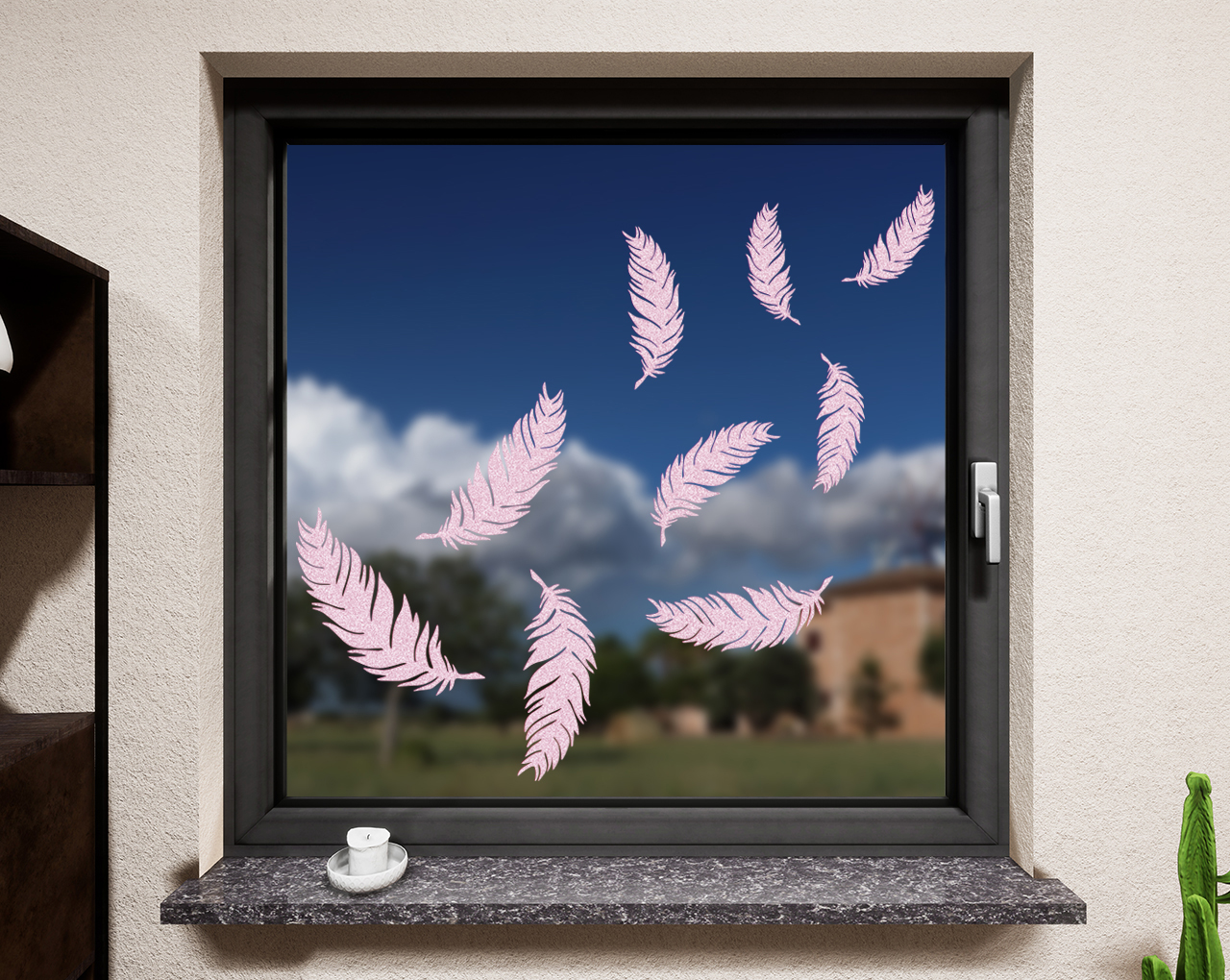 Fenstertattoo Federn pastell rosa matt