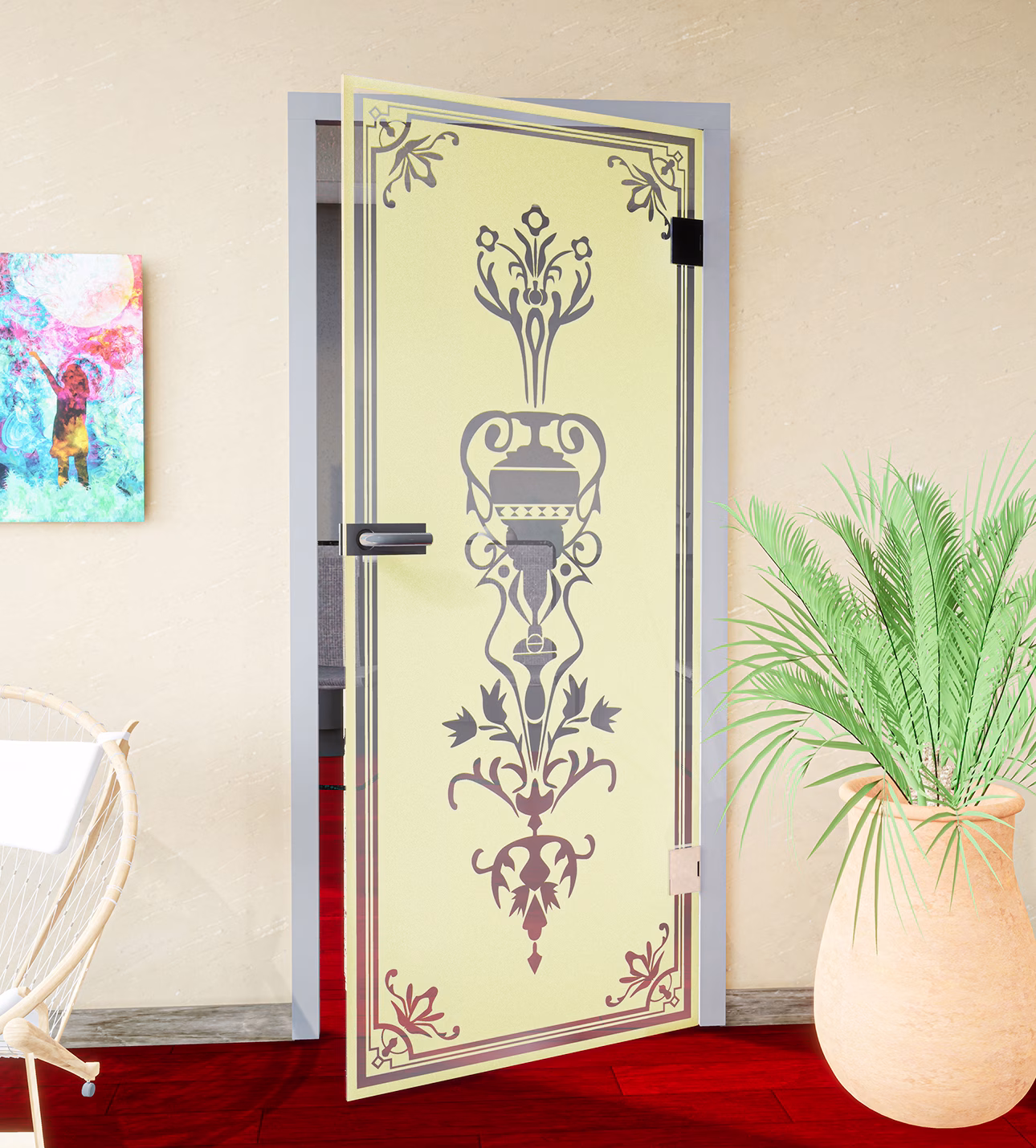 Glasdekor Jugendstil Blumenkelch pastell gelb matt