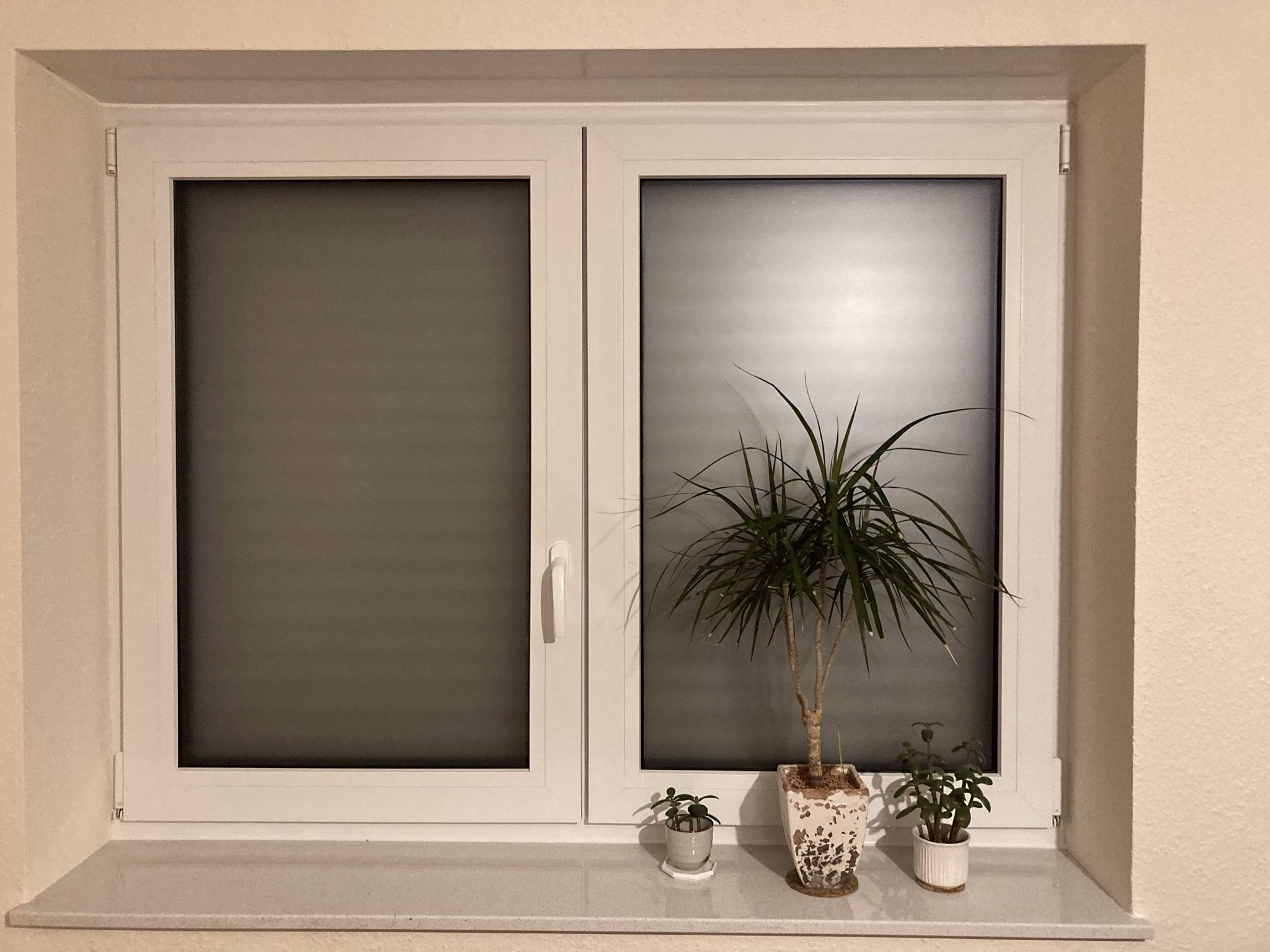 selbsthaftende Fensterfolie in Ätzglasdesign auf einem Doppelfenster