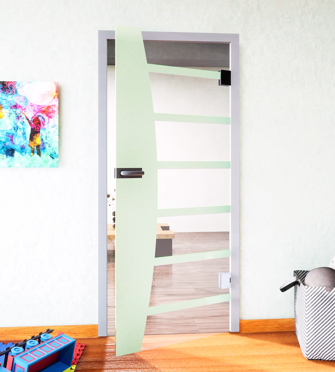 Glasdekor Bücherregal pastell grün matt