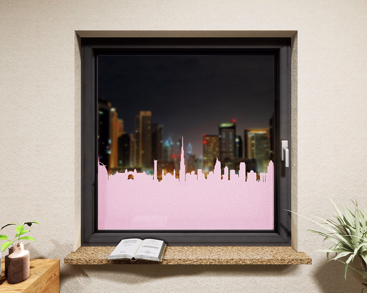 Glasdekor Skyline Dubai pastell rosa matt