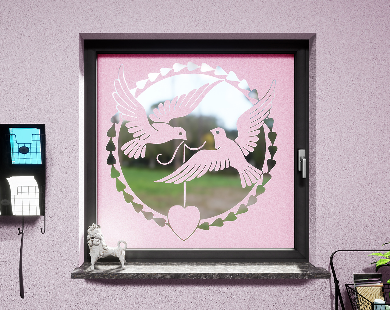 Glasdekor Tauben pastell rosa matt