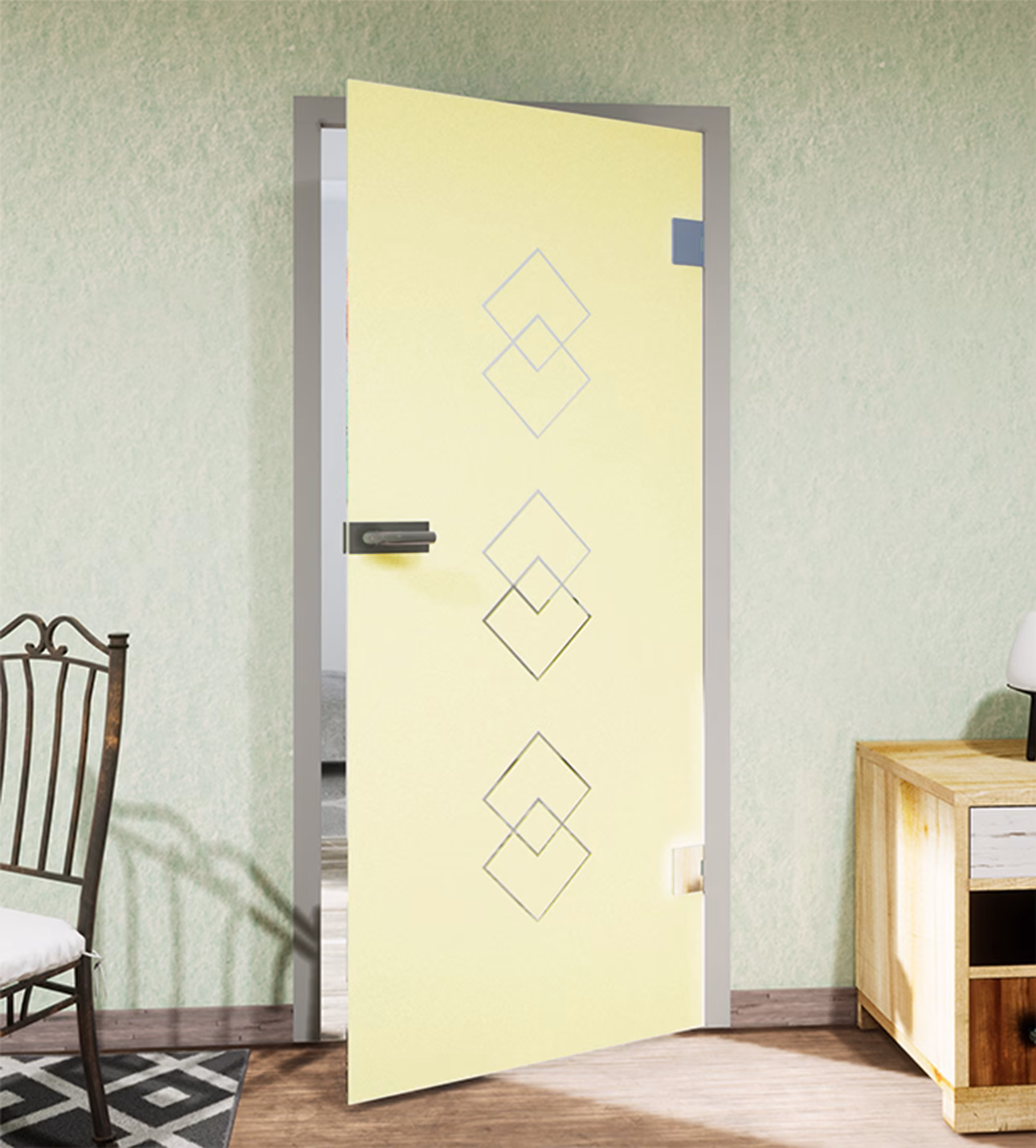 Glasdekor überlappende Rauten pastell gelb matt