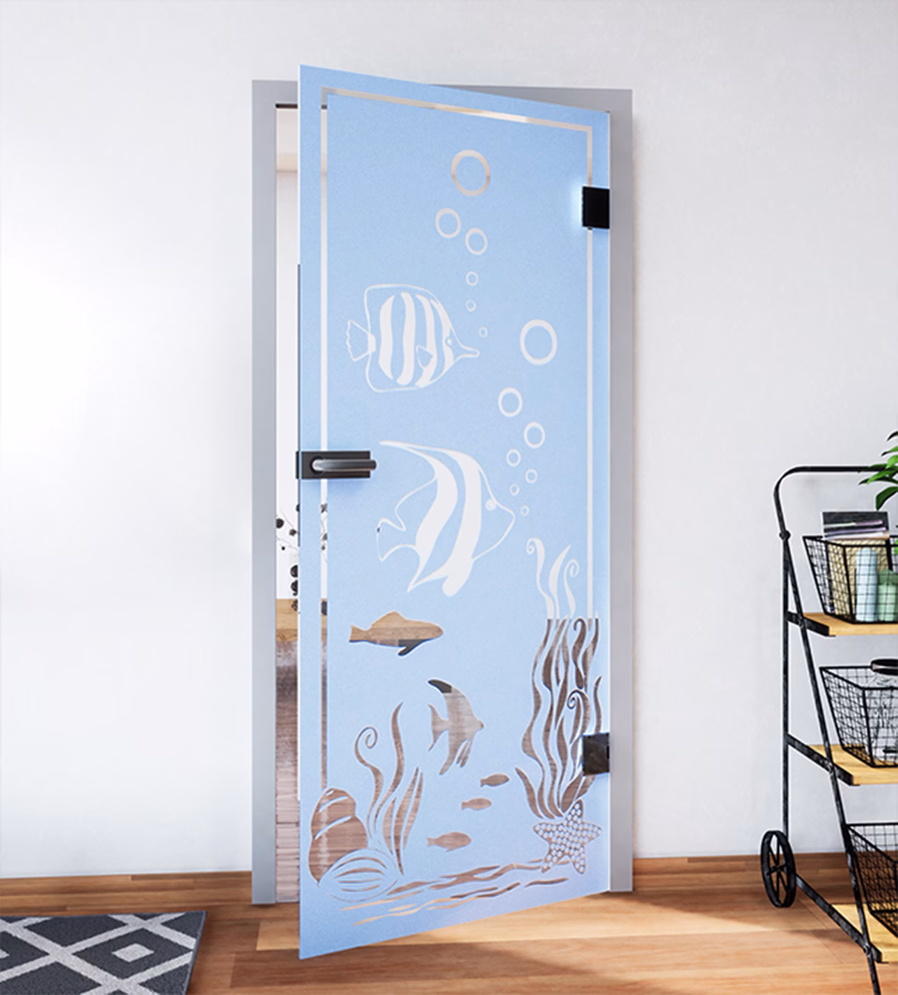 Glasdekor Wasserwelt der Fische pastell blau matt