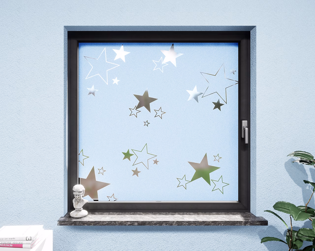 Glasdekor Sterne pastell blau matt