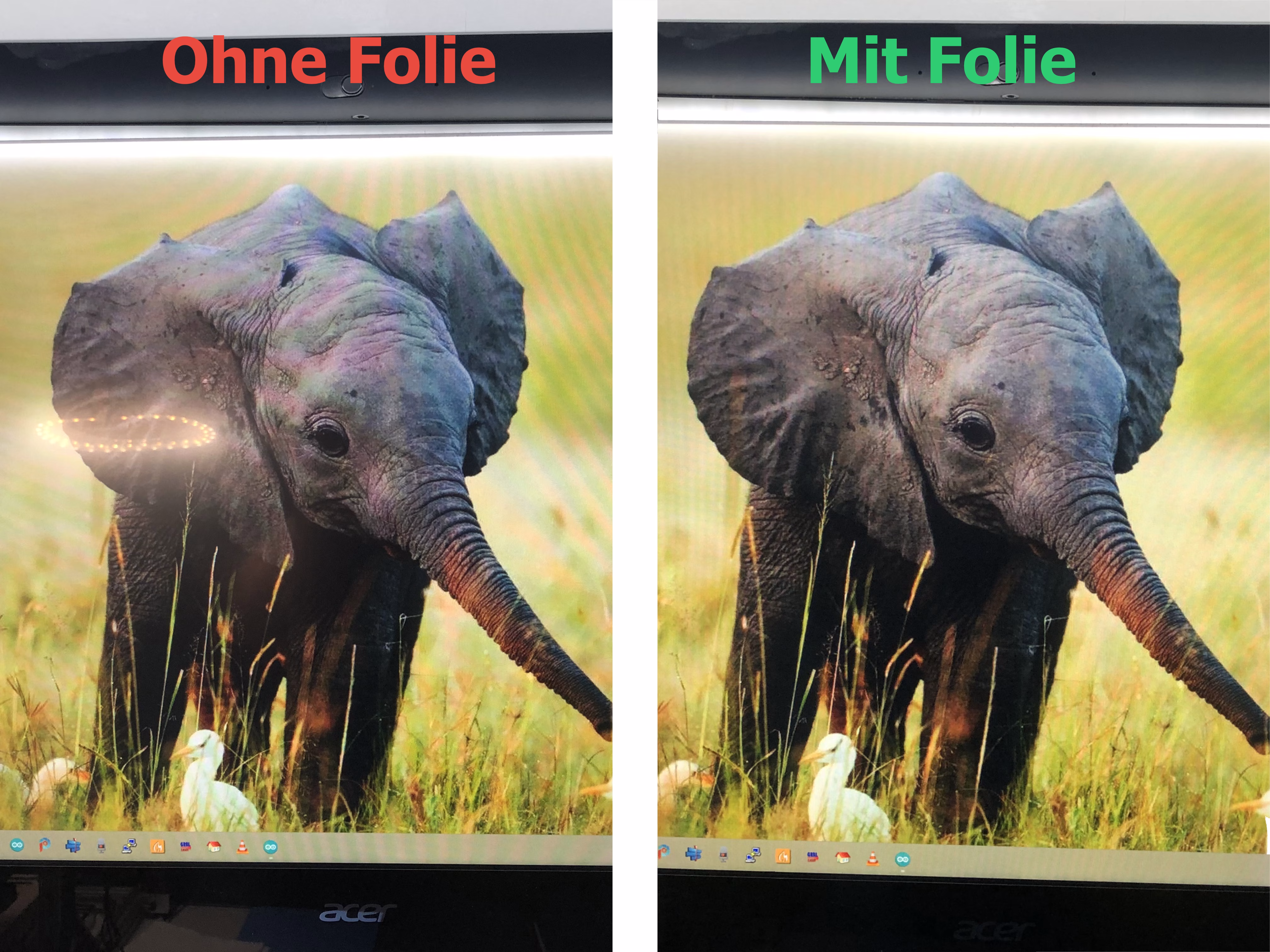 Bildschirm ohne und mit Entspiegelungsfolie