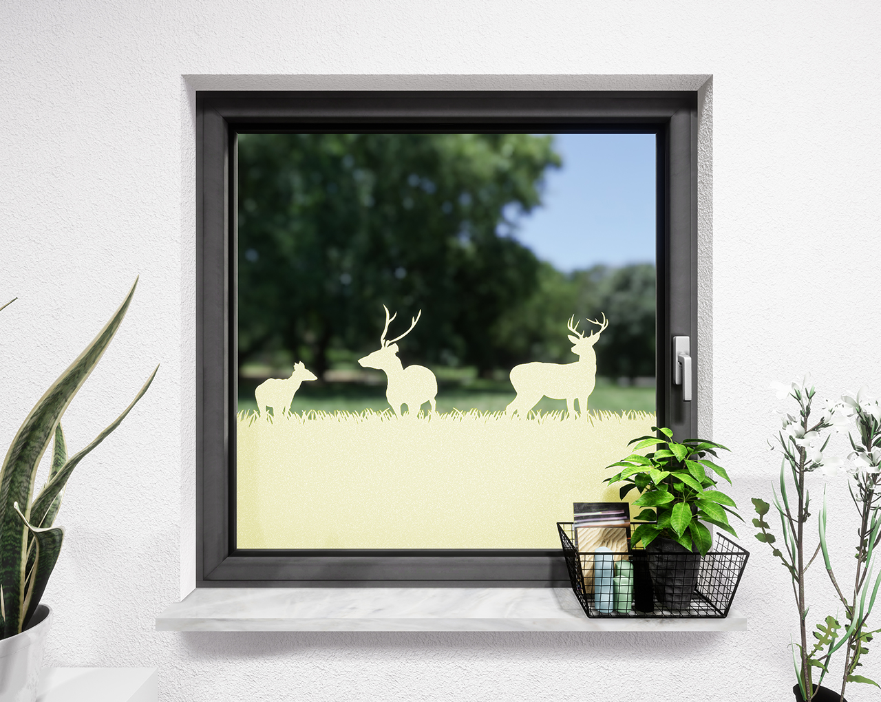 Glasdekor Hirsche pastell gelb matt