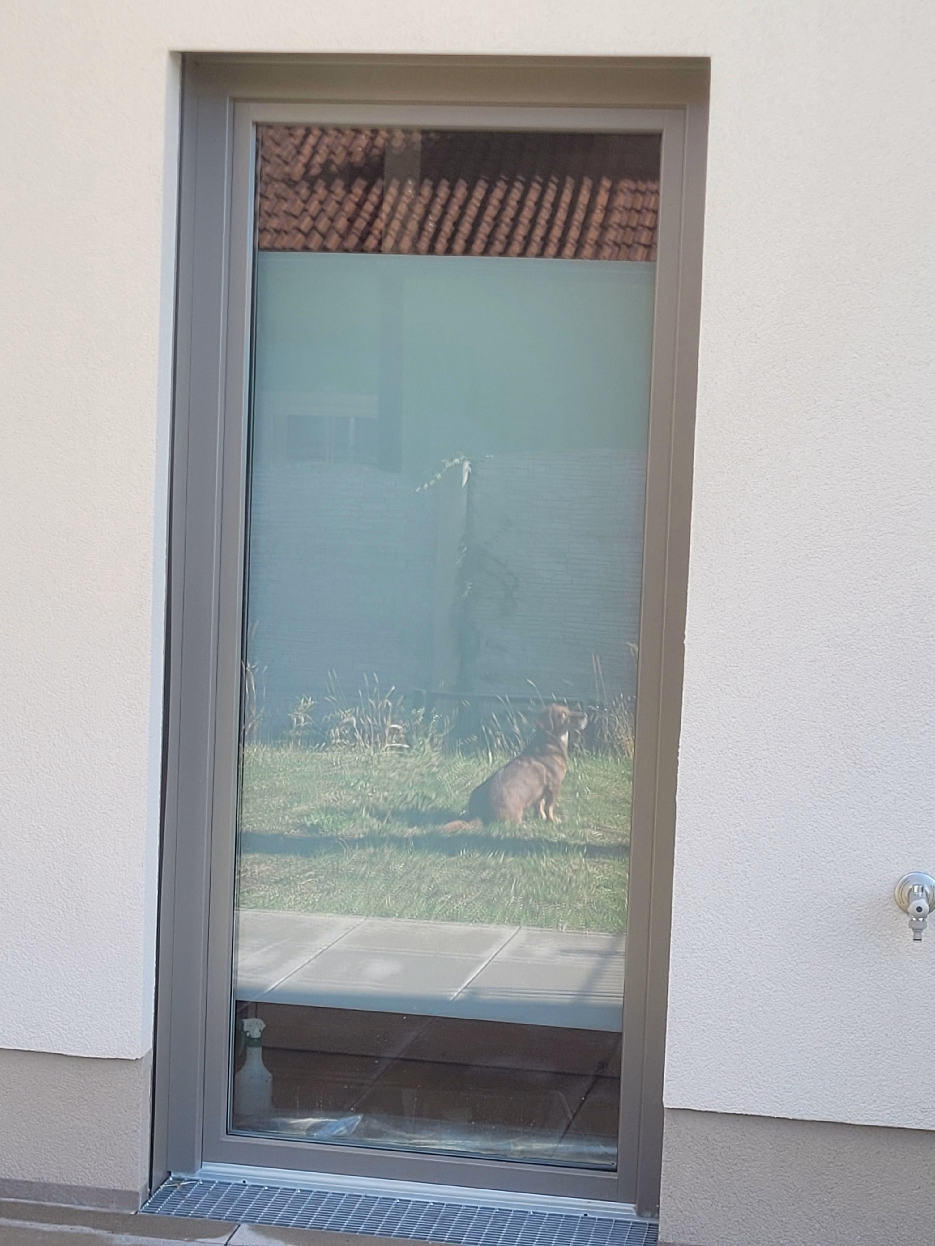 Außenansicht einer blickdichten kleberlosen Sichtschutzfolie