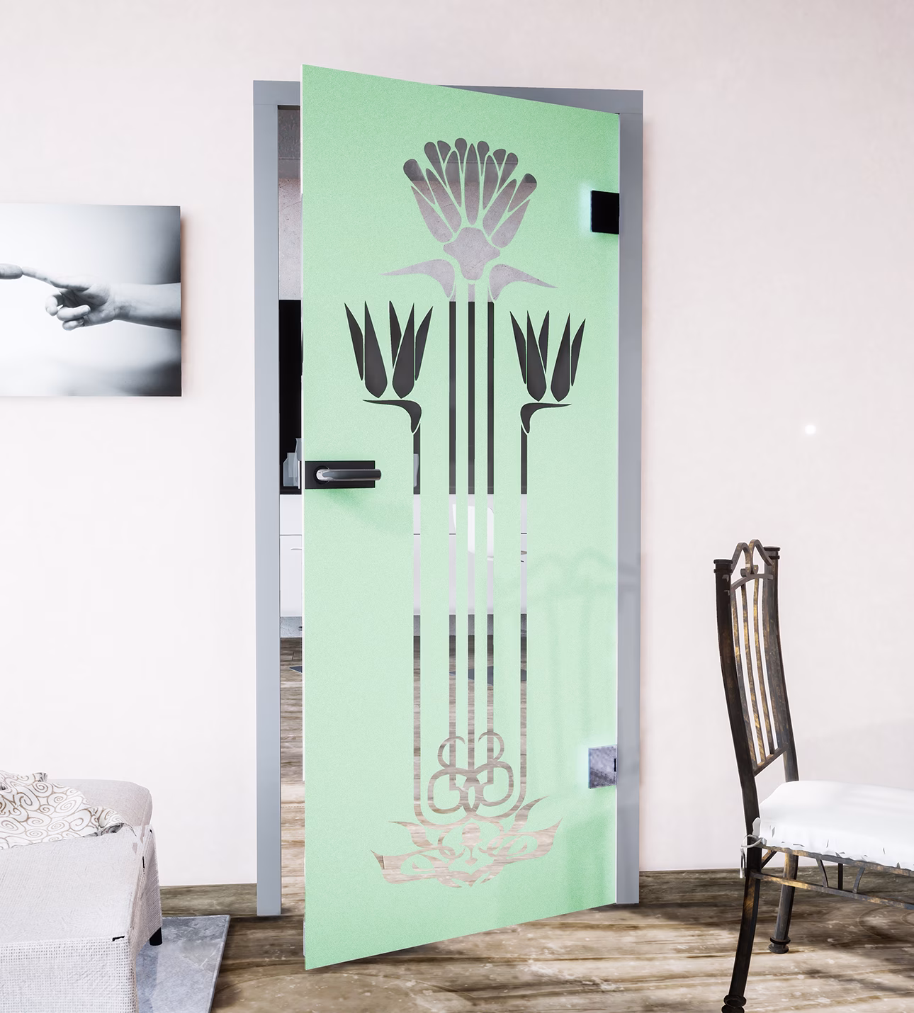 Glasdekor Jugendstilblume pastell grün matt