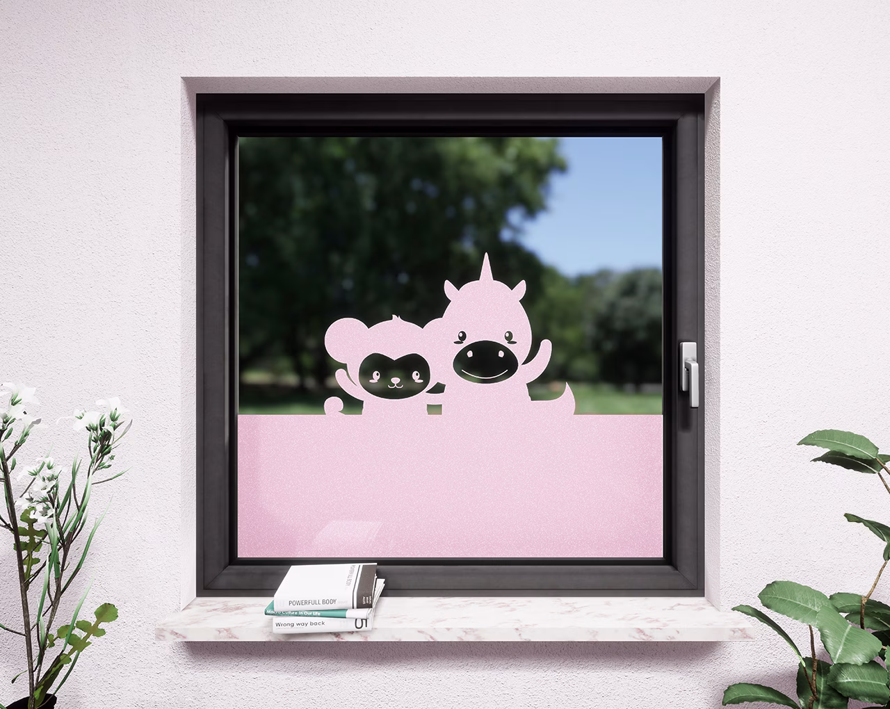 Glasdekor Affe und Einhorn pastell rosa matt