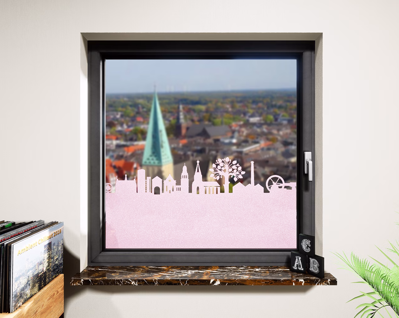 Glasdekor Skyline Bocholt pastell rosa matt