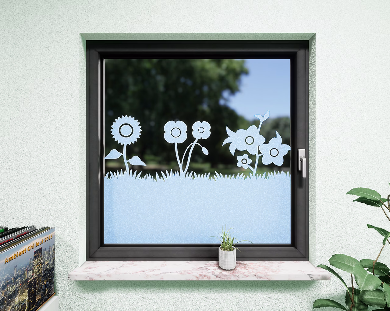Glasdekor Blumenwiese pastell blau matt