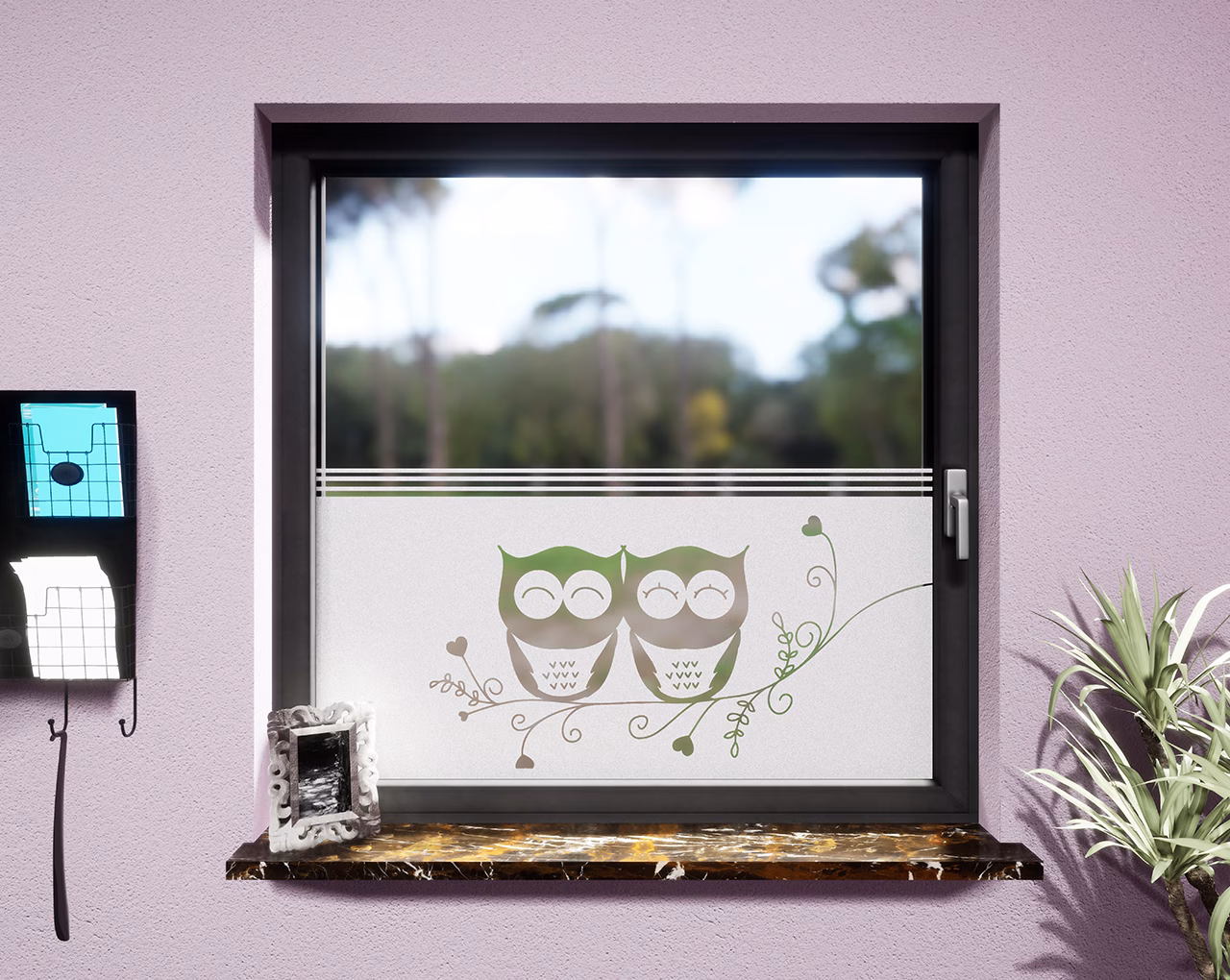 Glasdekor Eulenpaar weiß matt