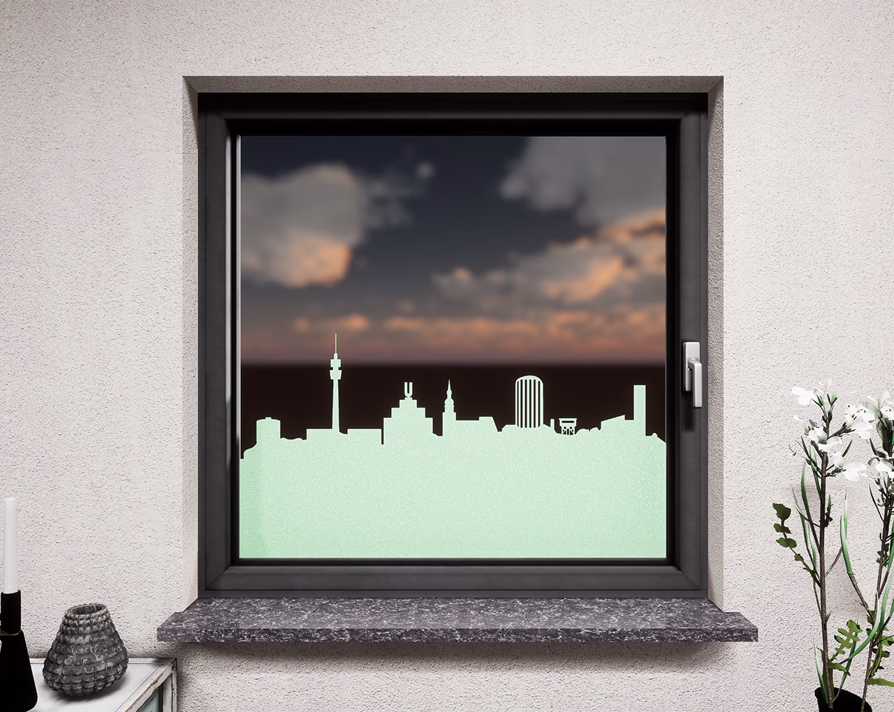 Glasdekor Skyline Dortmund pastell grün matt