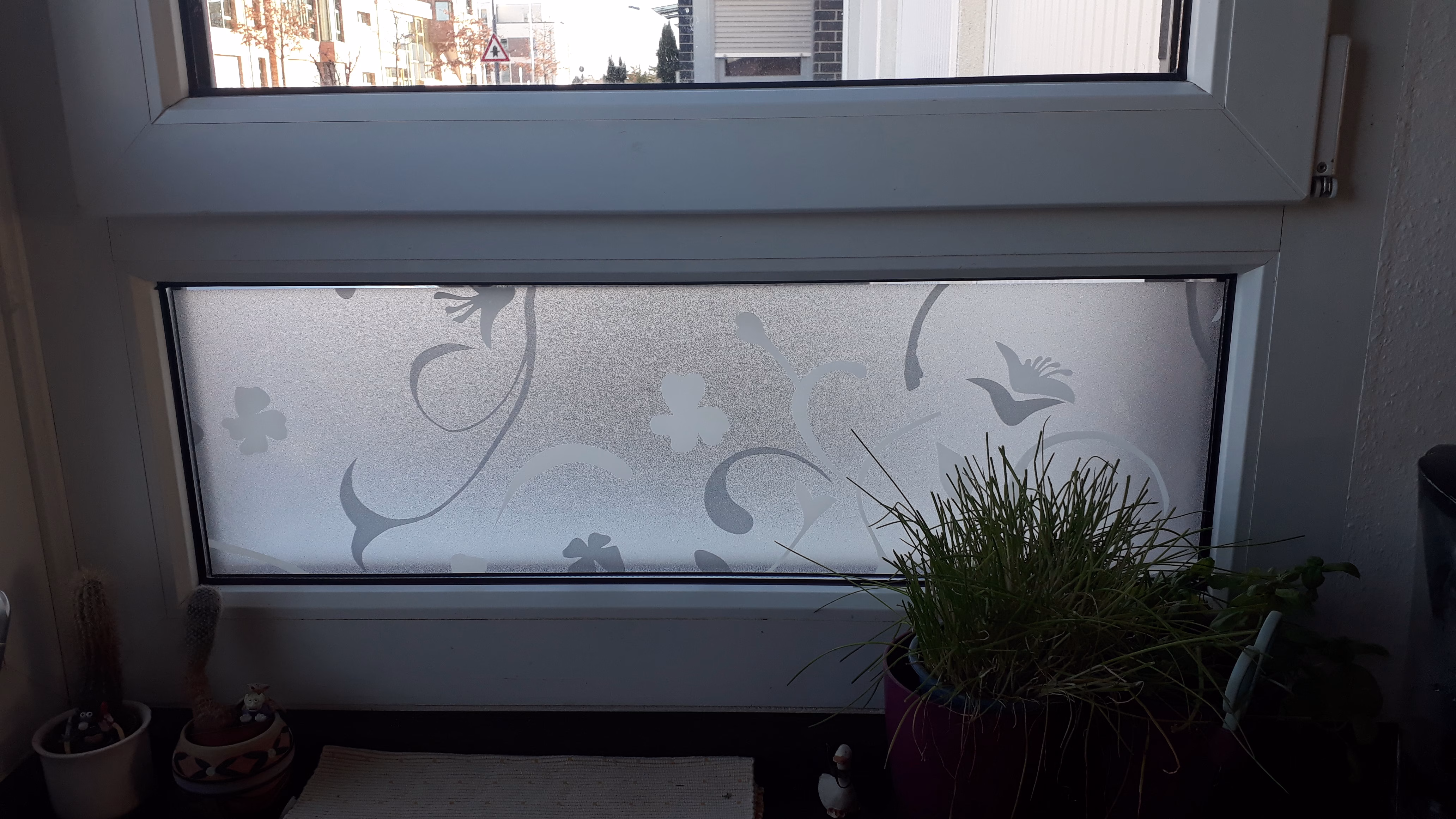 statisch haftende Sichtschutzfolie auf eine Glasscheibe foliert