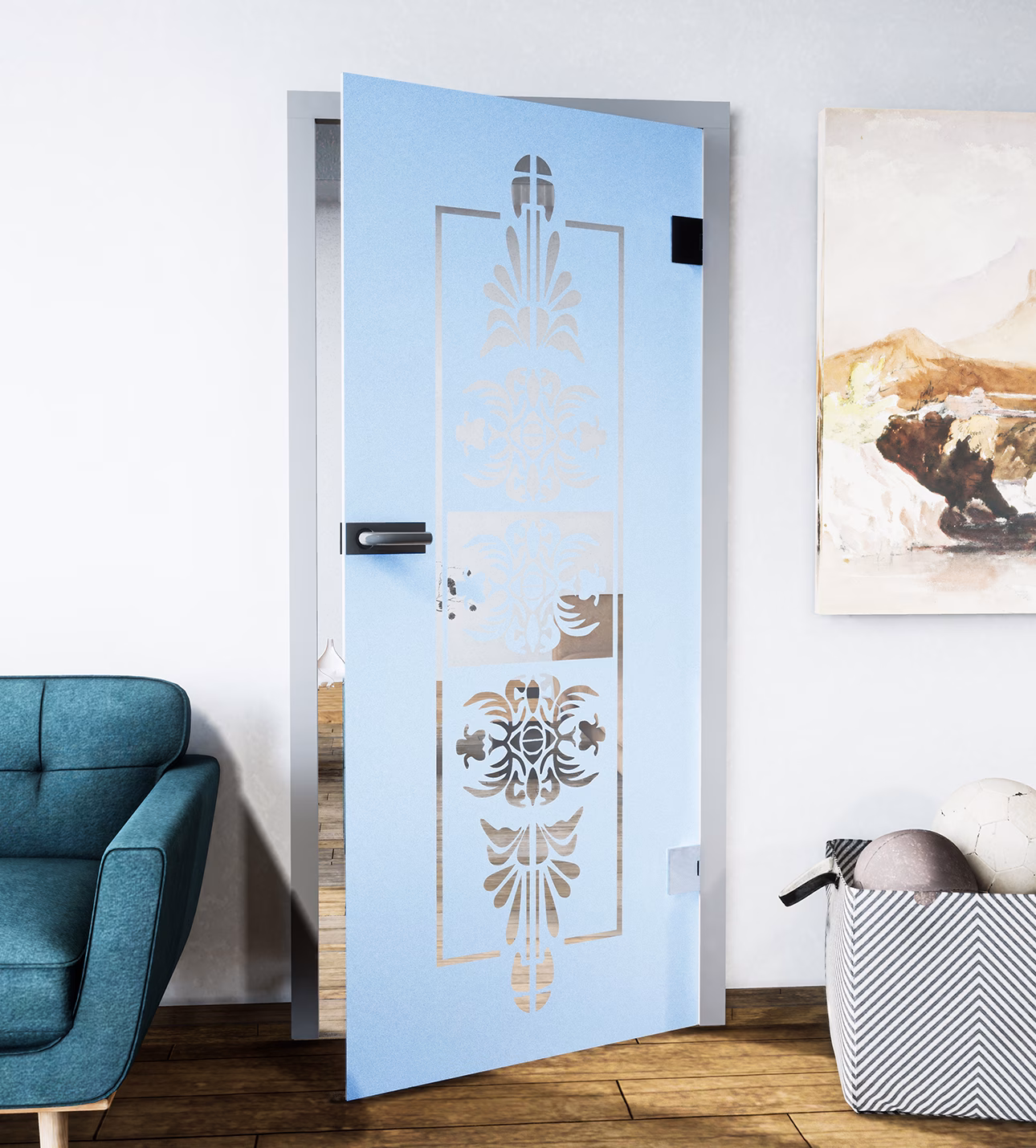 Glasdekor historisches Blumenmuster pastell blau matt