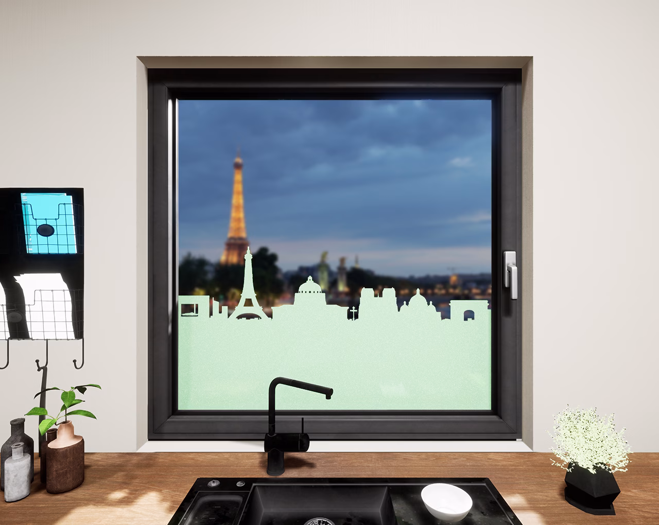 Glasdekor Skyline Paris pastell grün matt