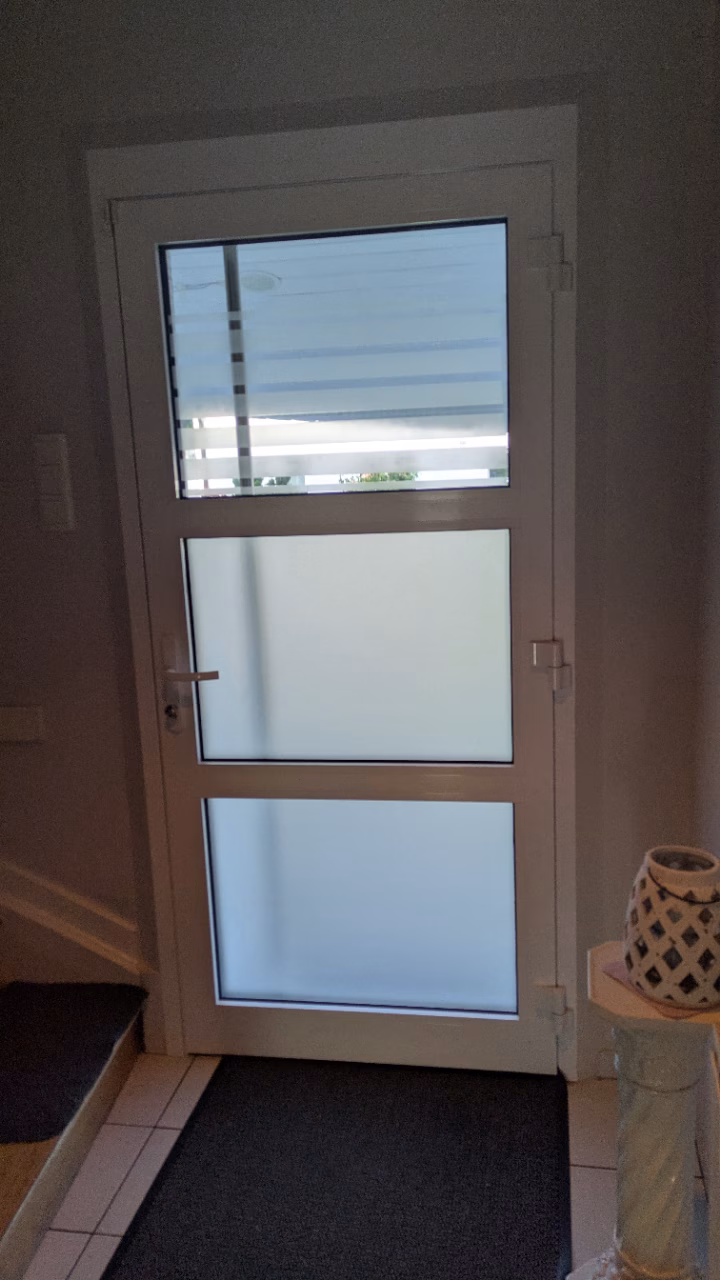 Eingangstür mit Adhäsionsfolie im Sandstrahldesign