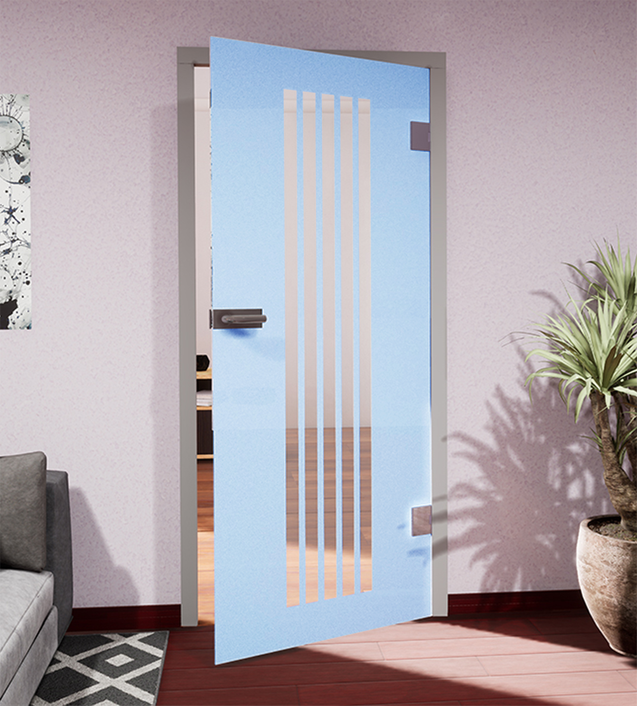 Glasdekor vertikale Streifen pastell blau matt