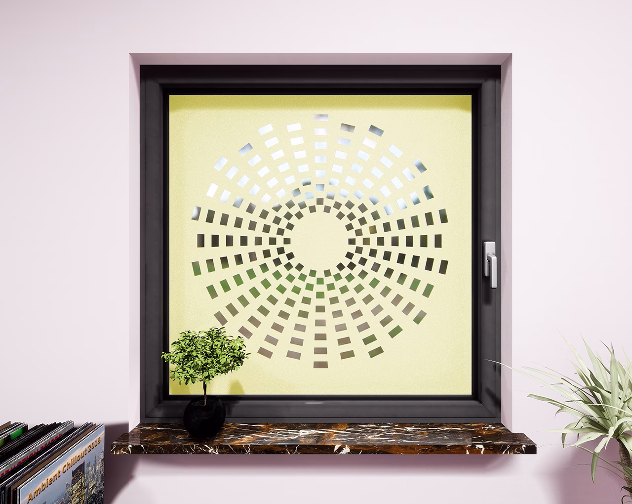 Glasdekor Sonne im Kreisdesign pastell gelb matt