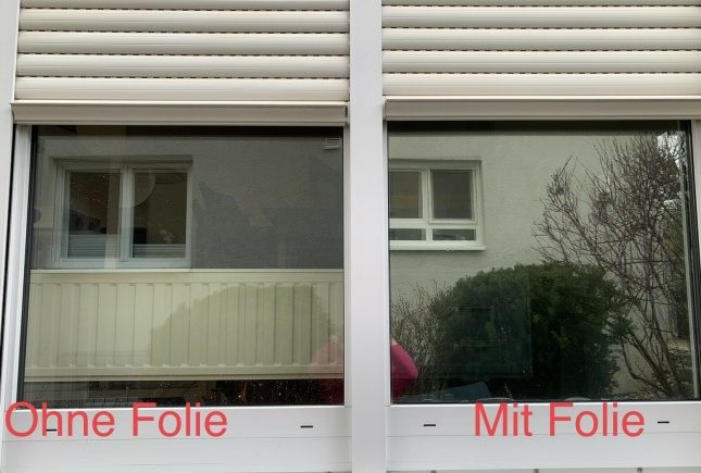 Vergleich von Fenster mit und ohne Spiegelfolie