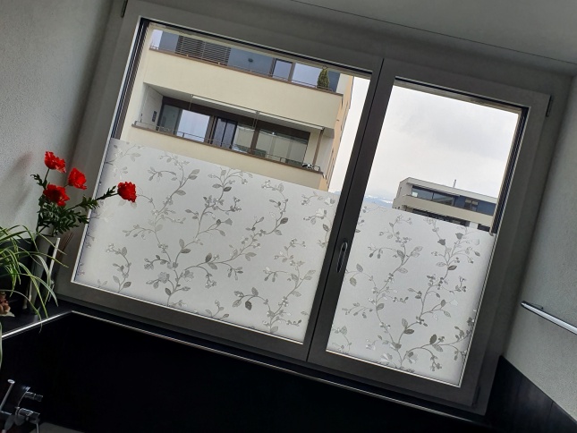 Sichtschutzfolie mit Blumenranken auf einem Doppelfenster