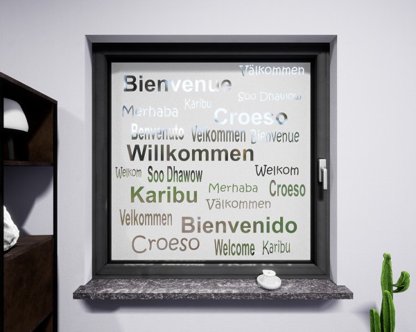Glasdekor für Fenster, Schriftzug Willkommen