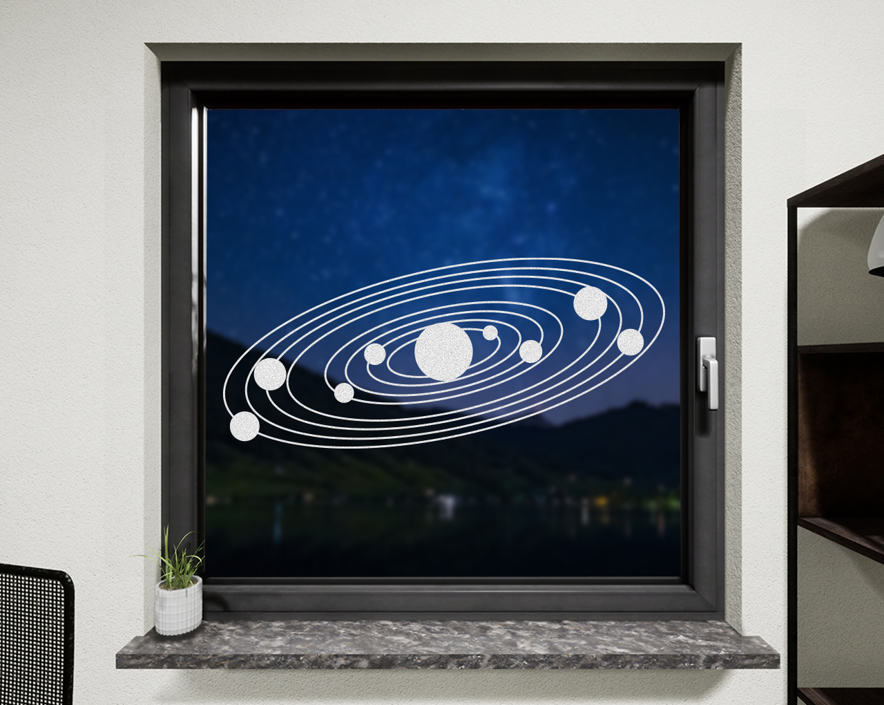 Fenstertattoo in hochwertiger Qualität im Design Sonnensystem